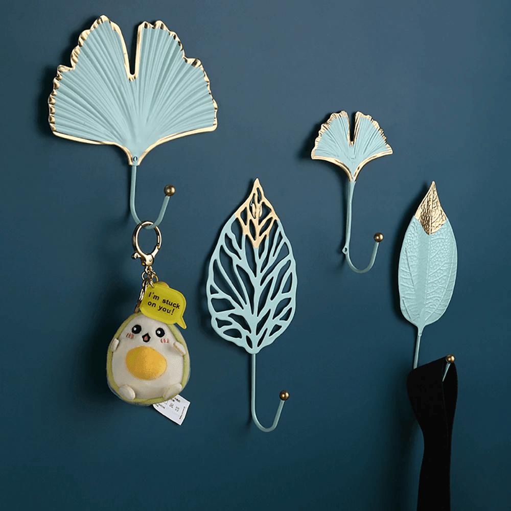Crochet mural en métal Floroux en forme de feuille | Décor élégant et fonctionnel | Disponible en or et bleu