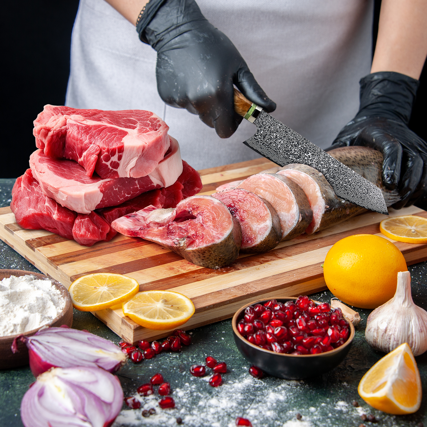 Perfection Culinaire - SmaragdMes : Couteau de Chef Japonais en Acier Damas