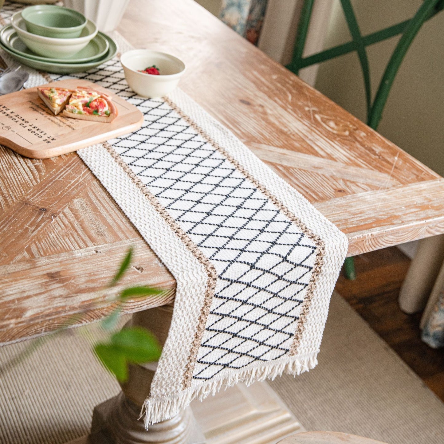 Nappe en corde de chanvre tissée à motif géométrique