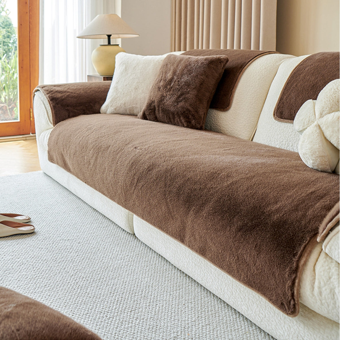 Faux-Mink-Fur Tapis Antidérapant Housse de Canapé
