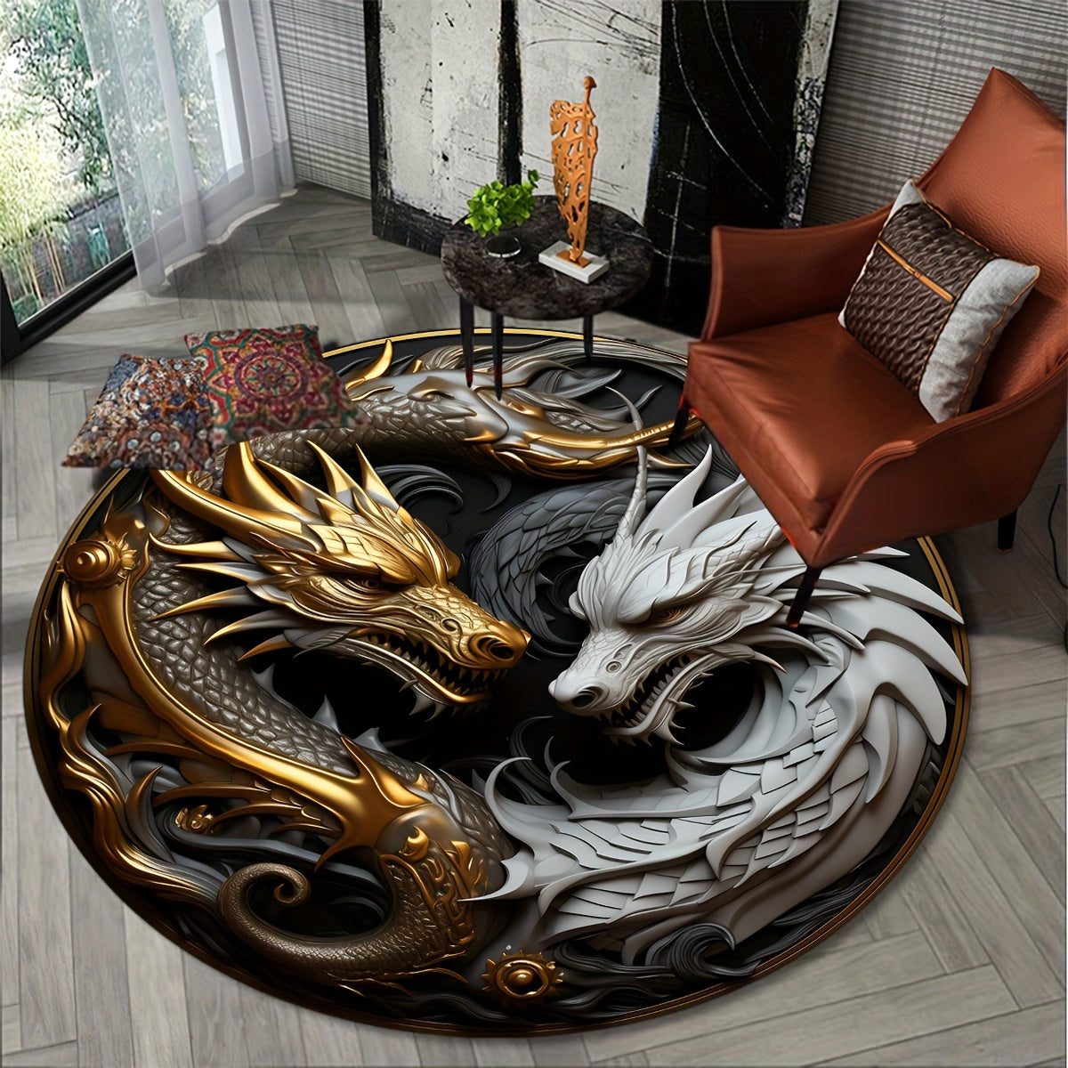 1pc Tapis Élément Dragon - tapis de salon antidérapant, tapis rond décoratif