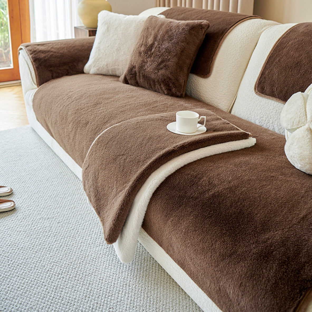 Faux-Mink-Fur Tapis Antidérapant Housse de Canapé