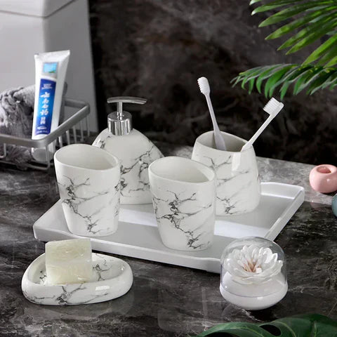Floroux Set de salle de bain 7 pièces | Design en marbre élégant | Accessoires de bain luxueux et pratiques