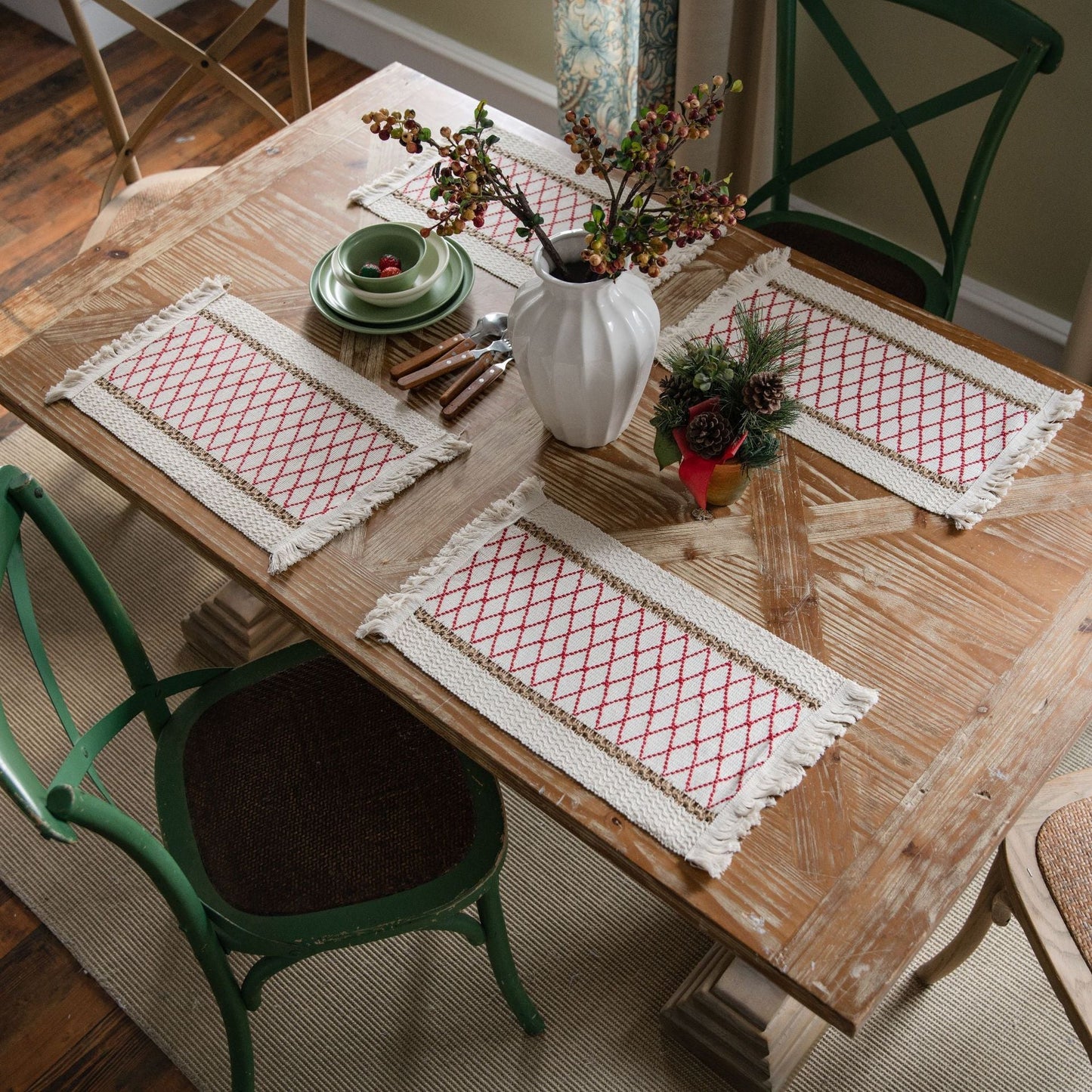 Sets de 4 sous-assiettes en corde de chanvre tressée à motif géométrique