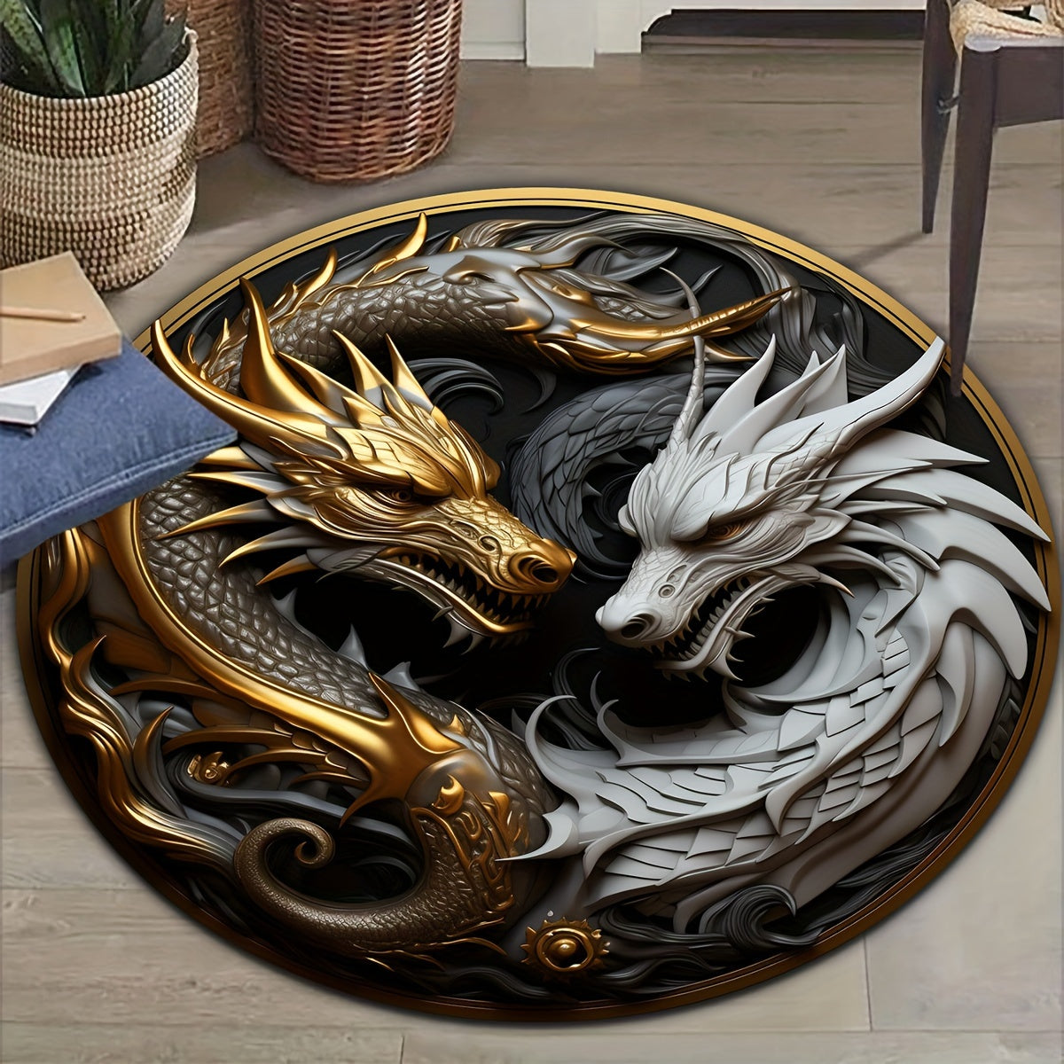 1pc Tapis Élément Dragon - tapis de salon antidérapant, tapis rond décoratif