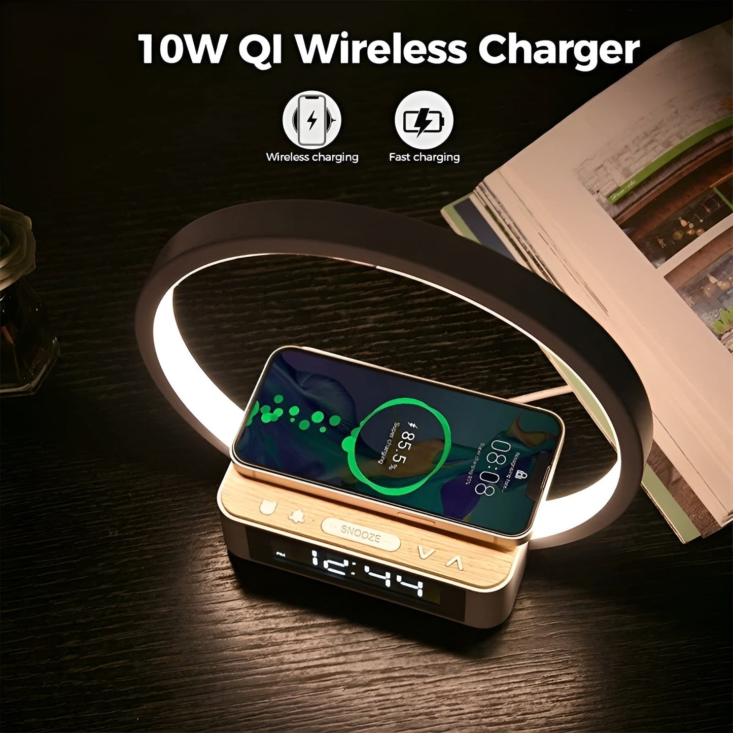 Lampe de table moderne avec chargeur sans fil et fonction réveil