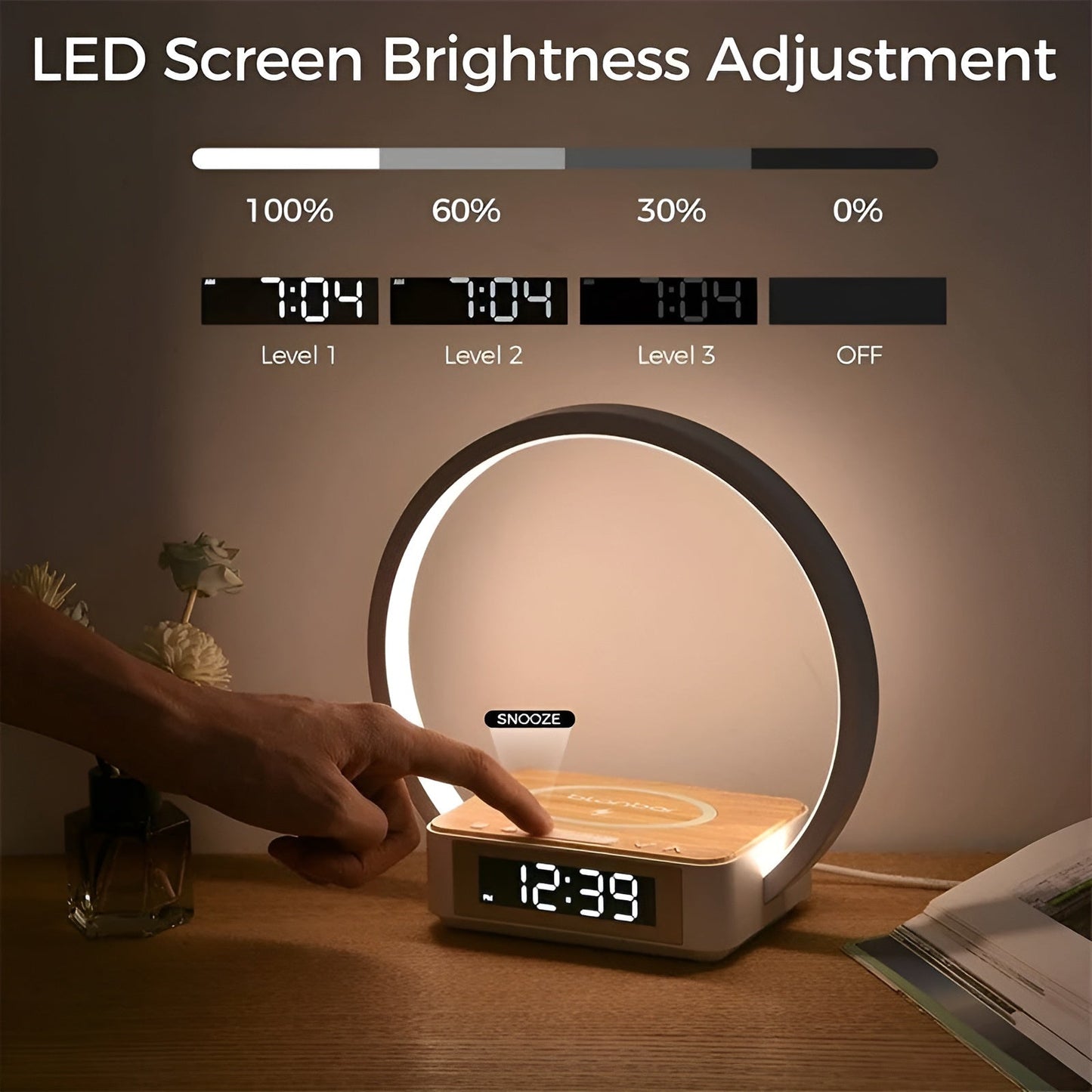 Lampe de table moderne avec chargeur sans fil et fonction réveil