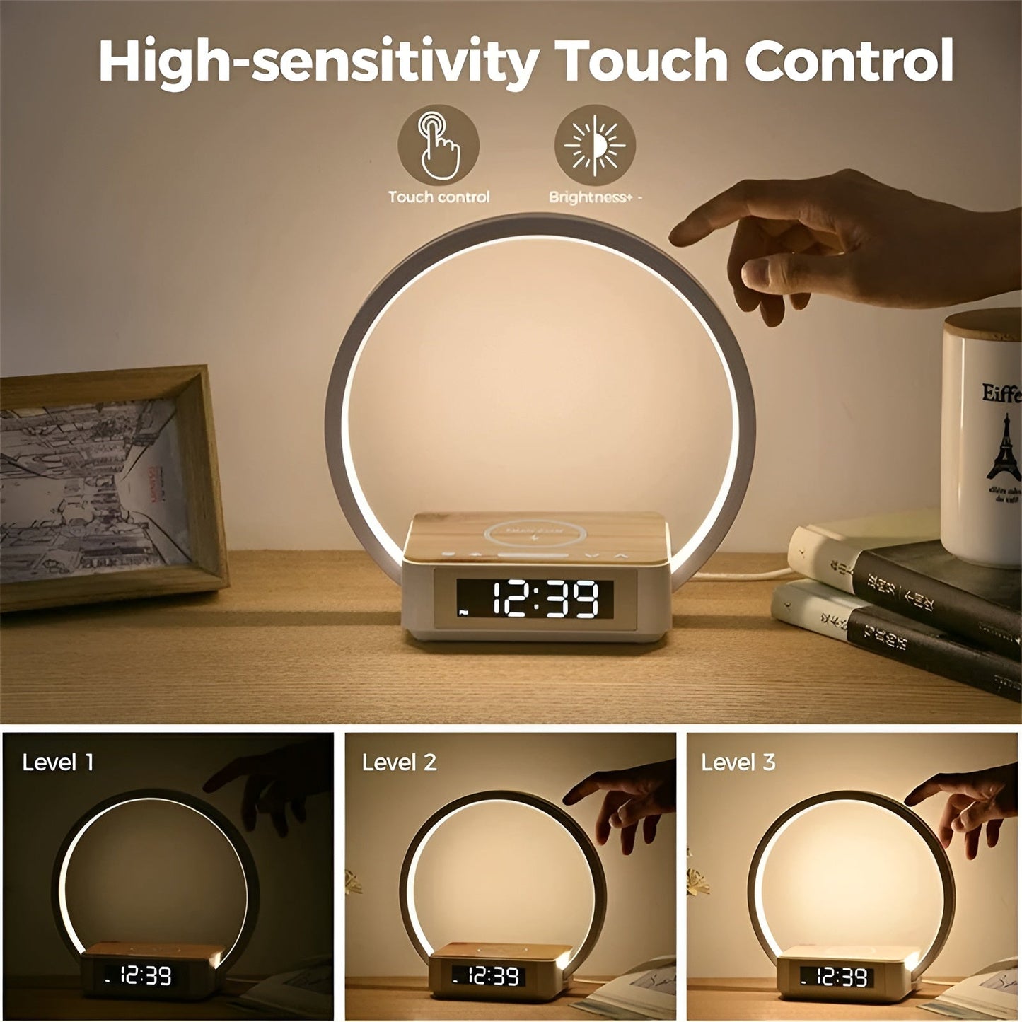 Lampe de table moderne avec chargeur sans fil et fonction réveil