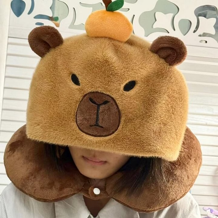 Cuteee Family Kawaii Capybara Coussin en forme de U avec capuche Coussin de cou pour voyage Bureau Coussin de sieste