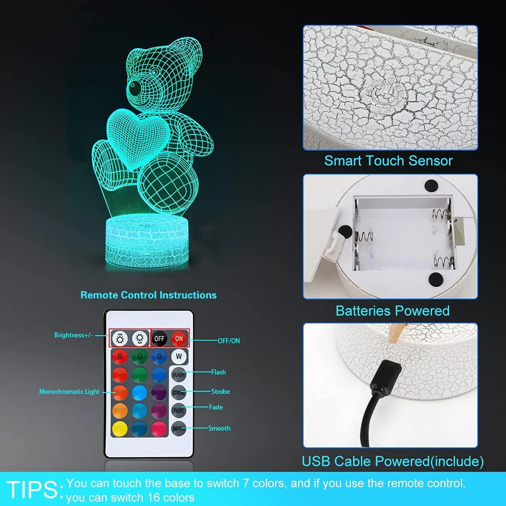3D Cœur Ours USB LED Lampe de Nuit