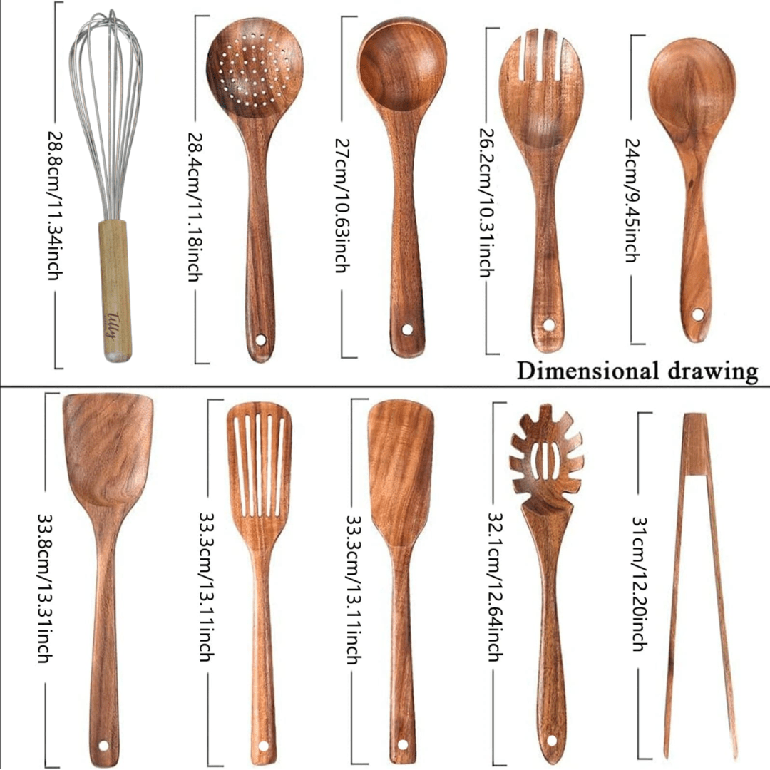 Udgita - Set d'ustensiles de cuisine de 10 pièces en bois de teck