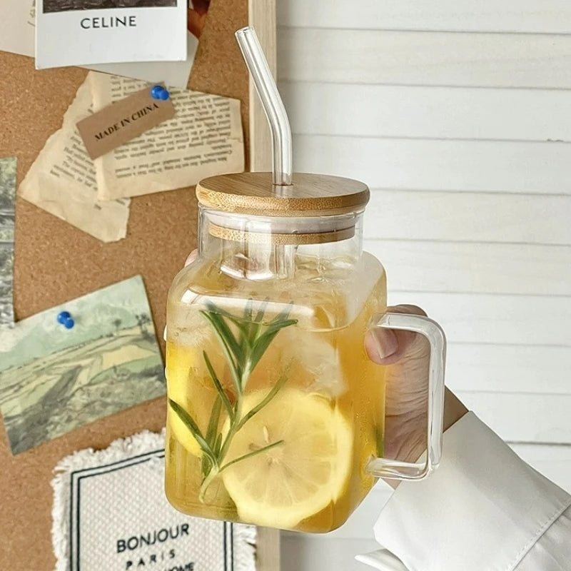 Mug en verre élégant avec poignée, couvercle et paille