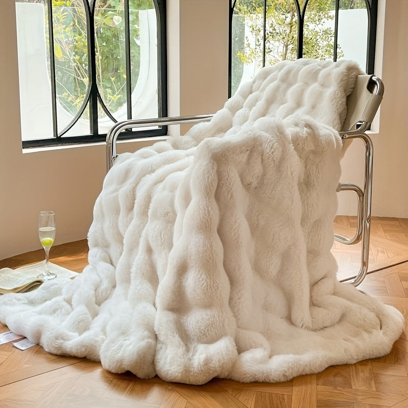 1 Pièce Fausse Fourrure de Lapin Couverture Boule Polaire - Couverture Douillette et Luxueuse pour Canapé, Épaisse Couverture en Polaire Chaude pour Sieste et Climatisation