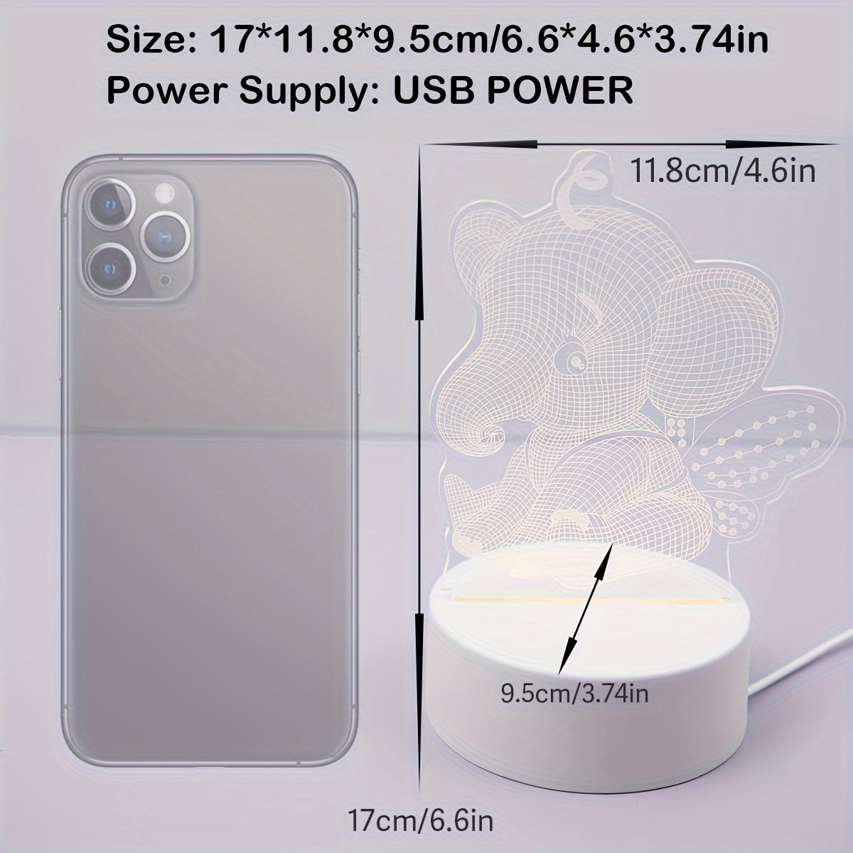 AngelElephant Lampe - Lampe de table 3D LED avec connexion USB