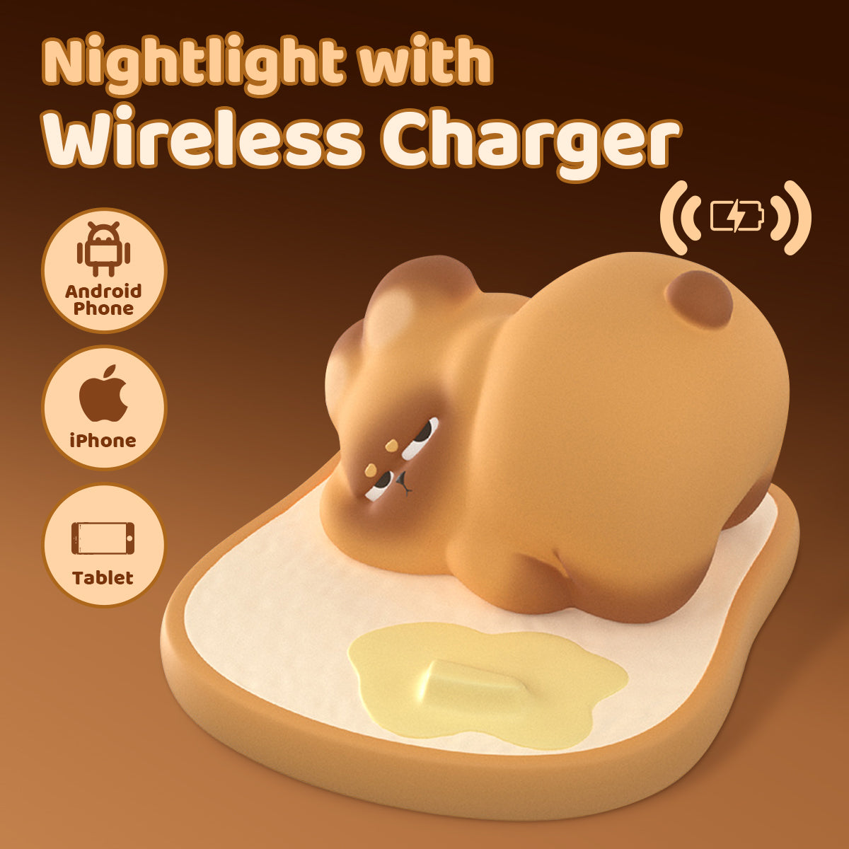 Chargeur sans fil en silicone toast squishy avec veilleuse LED - Cadeau parfait pour les enfants et les filles
