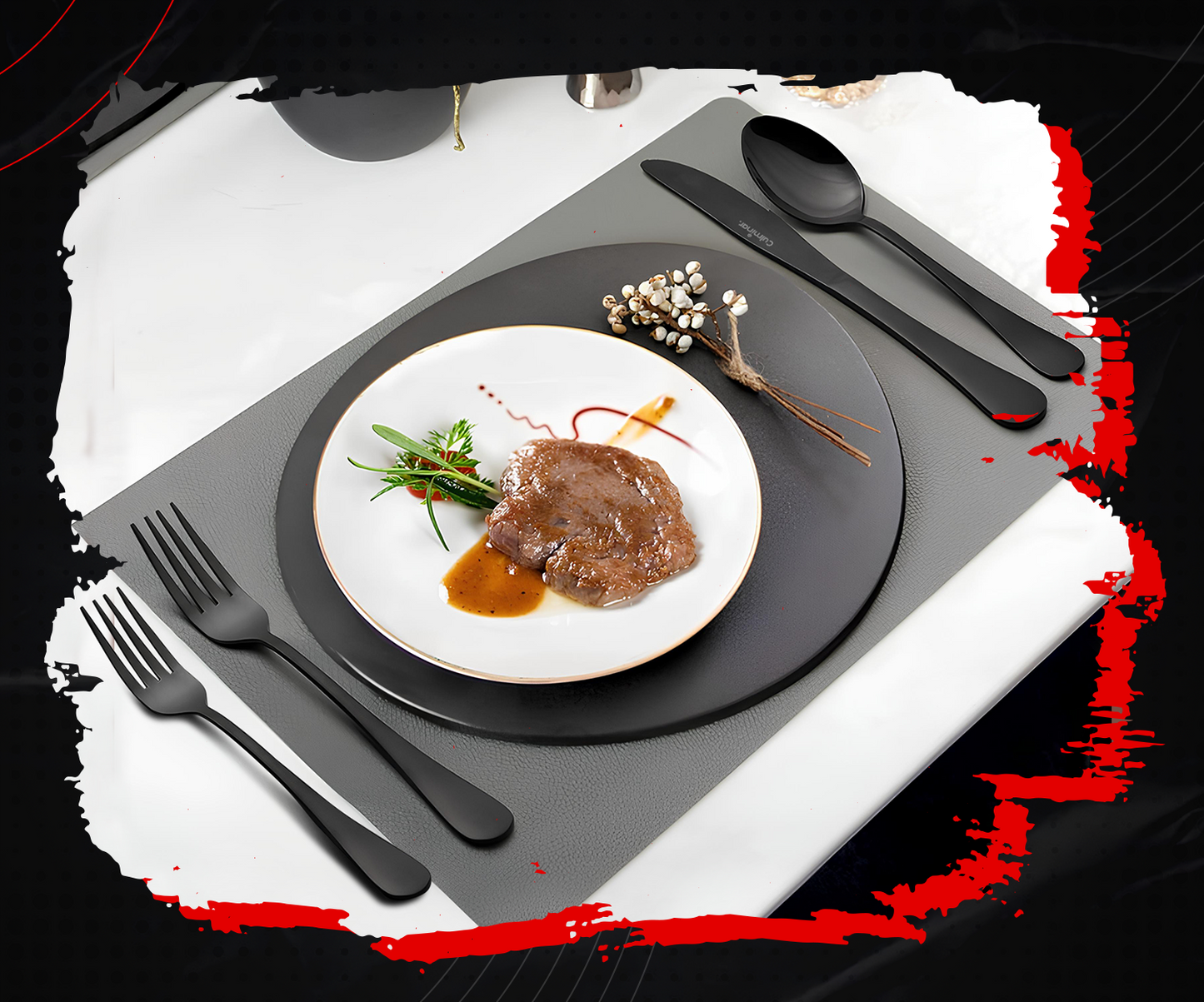 RoyalElegance - Luxe Ensemble de Couverts Noir pour 6 Personnes