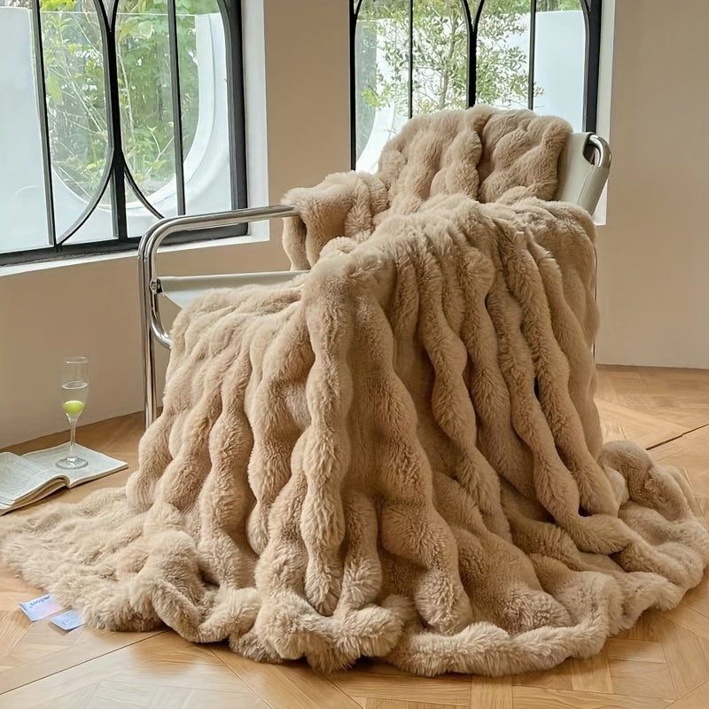 1 Pièce Fausse Fourrure de Lapin Couverture Boule Polaire - Couverture Douillette et Luxueuse pour Canapé, Épaisse Couverture en Polaire Chaude pour Sieste et Climatisation
