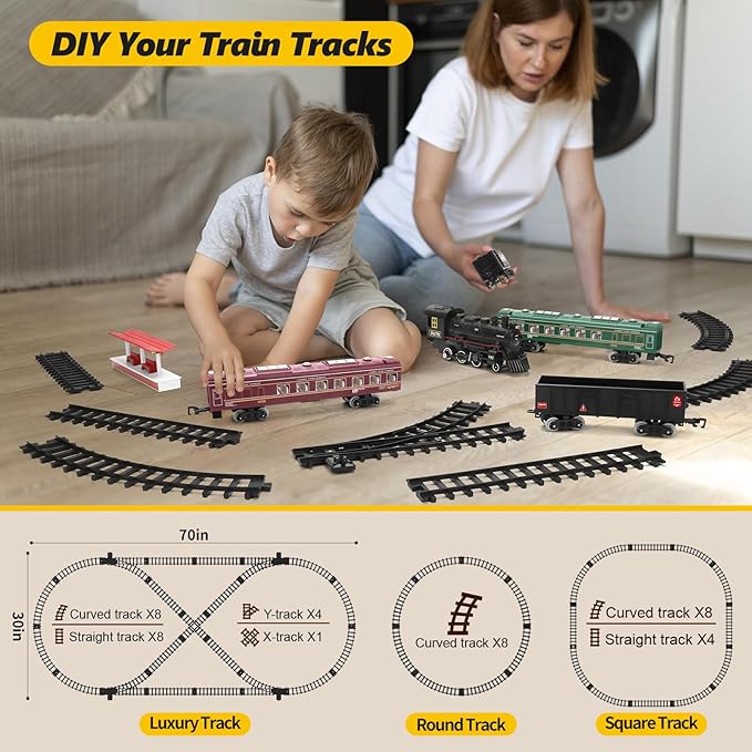 Train Set avec Lumières & Sons - Jouet Locomotive Interactif pour Enfants Alimenté par Batterie Électrique à Vapeur