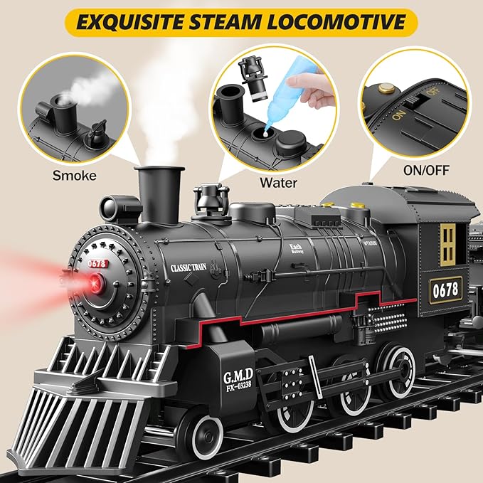 Train Set avec Lumières & Sons - Jouet Locomotive Interactif pour Enfants Alimenté par Batterie Électrique à Vapeur