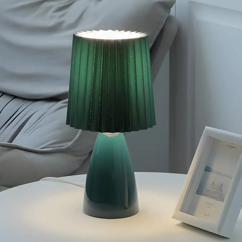 LumiAura - Lampe de table plissée en tissu de 30 cm avec base en verre et USB, Dimmable