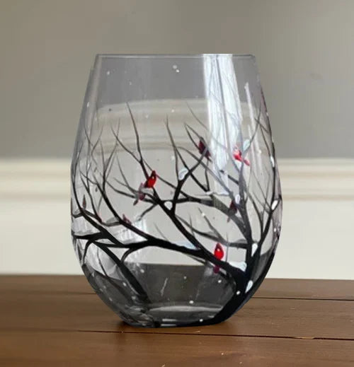 Floroux - Verres à vin arbre quatre saisons en verre peint à la main