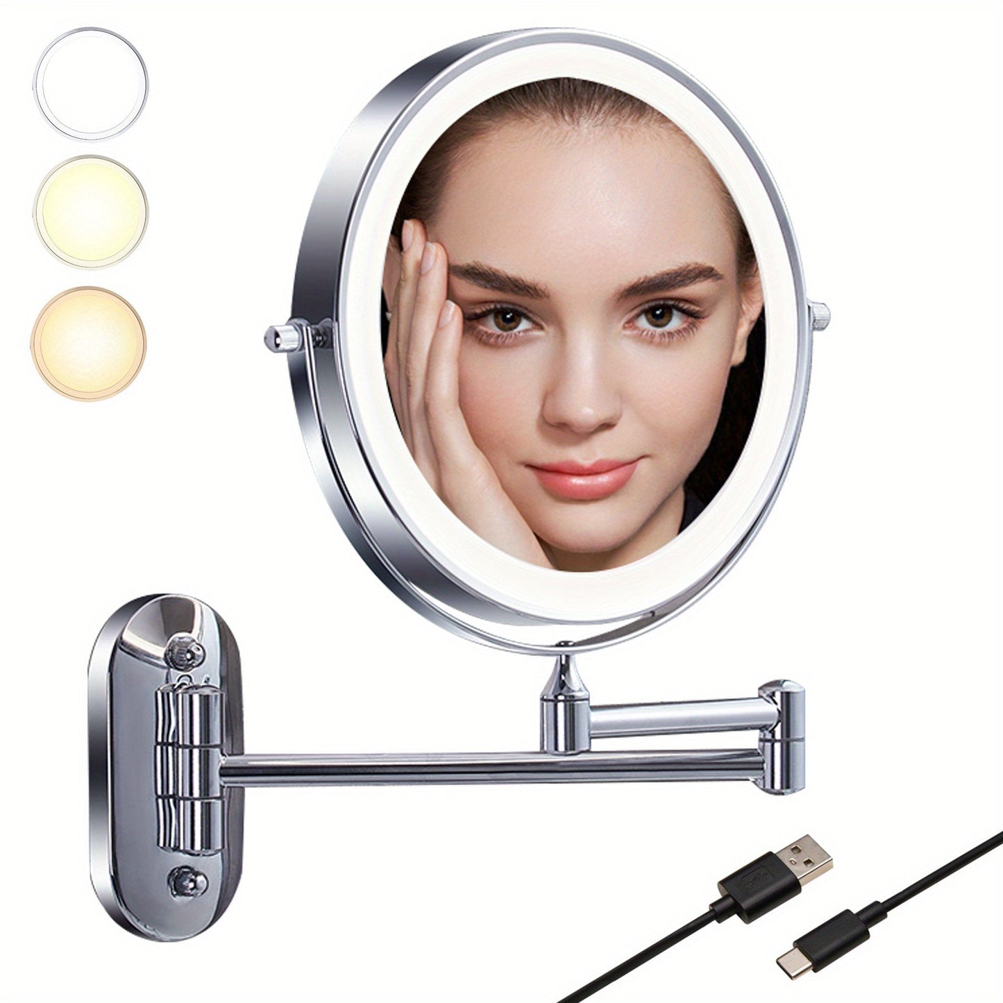 Miroir de maquillage ED avec éclairage - Double face, 3/5/7/10X de grossissement, lumières LED dimmables, bras extensible