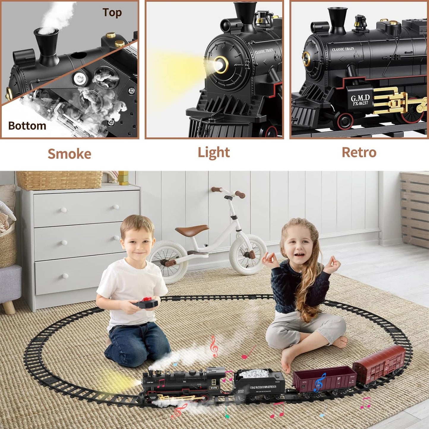 Train Set avec Lumières & Sons - Jouet Locomotive Interactif pour Enfants Alimenté par Batterie Électrique à Vapeur