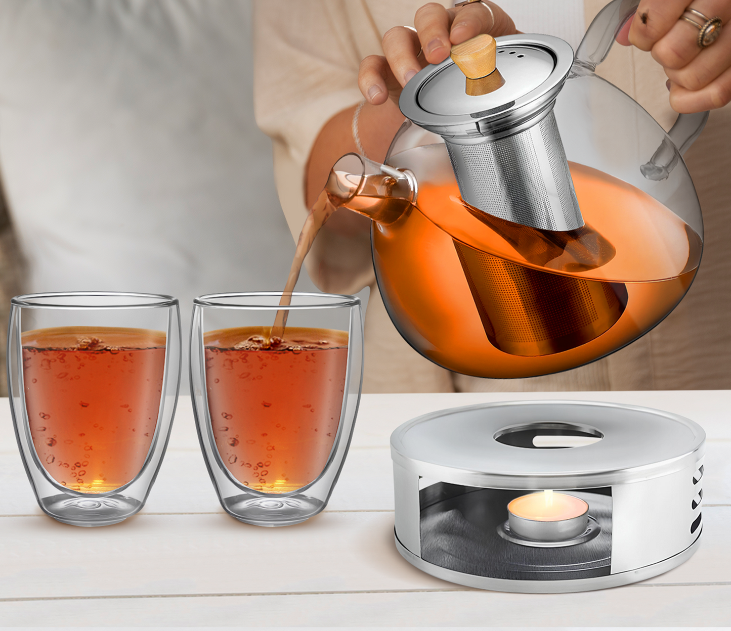 TeaFusion - Théière élégante avec filtre et support de chauffage
