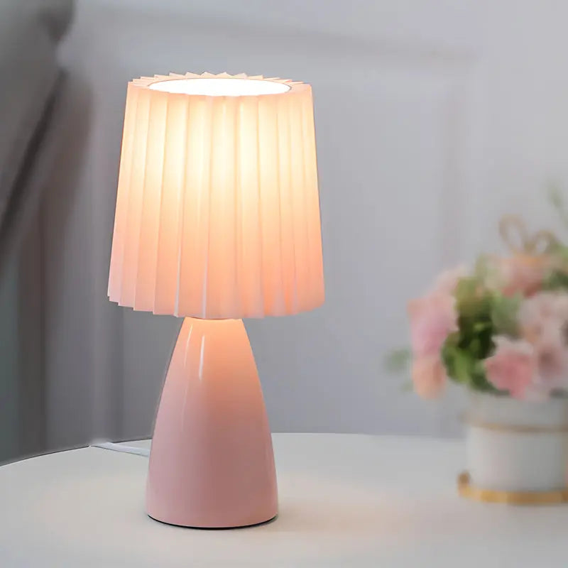 LumiAura - Lampe de table plissée en tissu de 30 cm avec base en verre et USB, Dimmable