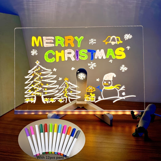 Tableau d'affichage LED USB avec 12 stylos colorés - Tableau de message lumineux pour bureau et maison