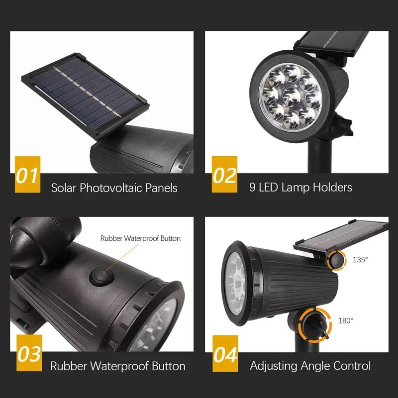 Spotlight LED solaire - Lampe de jardin - Luminosité réglable - Étanche