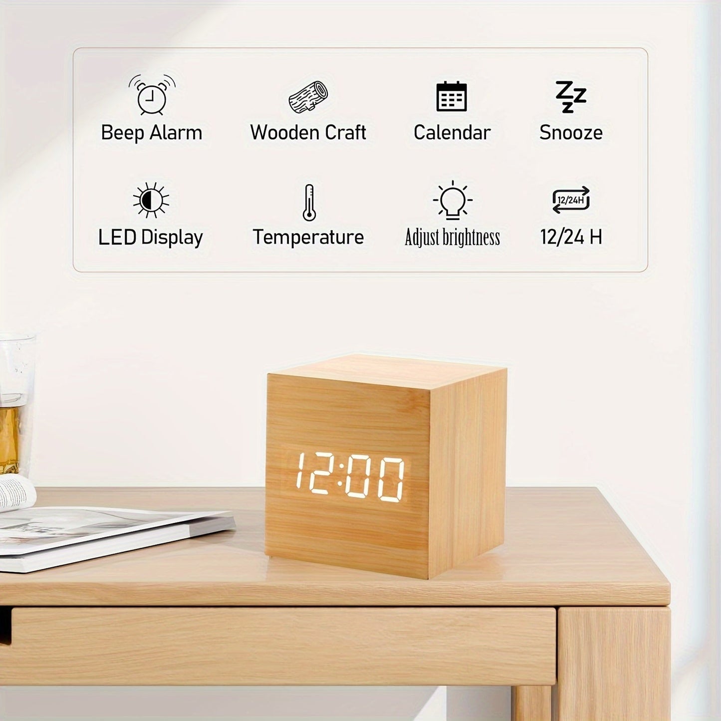 WoodTime Horloge – Réveil en Bois Élégant avec Affichage LED