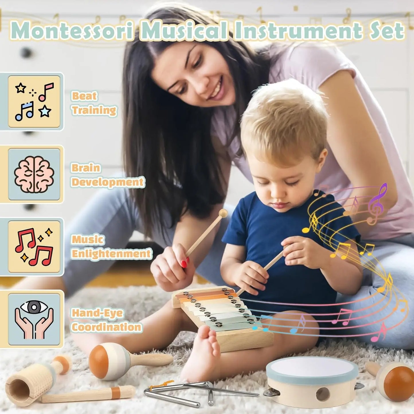 Set d'instruments de musique en bois Montessori pour tout-petits - xylophone accordé professionnellement, maracas et plus - cadeau éducatif pour enfants d'âge préscolaire