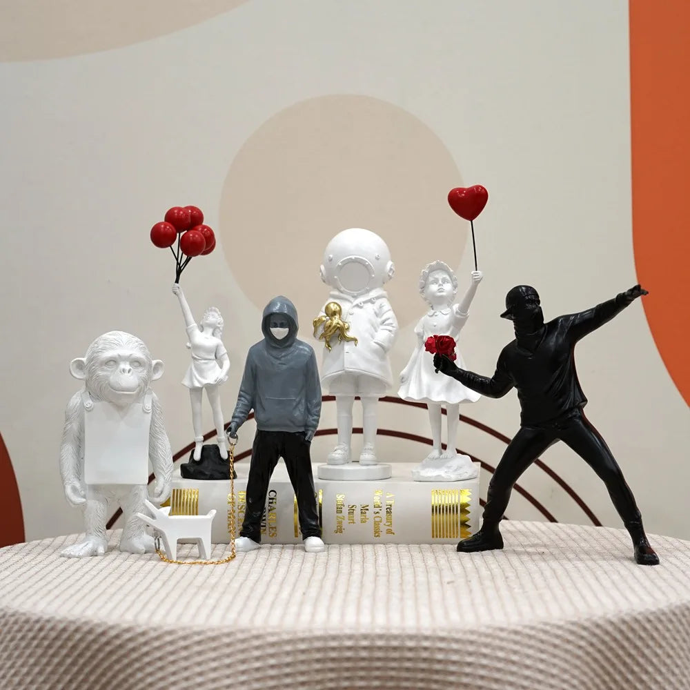 Floroux Banksy Sculpture Collection | Flower Thrower & Balloon Girl | Pop Art Figures | Modern Décor for Office and Home