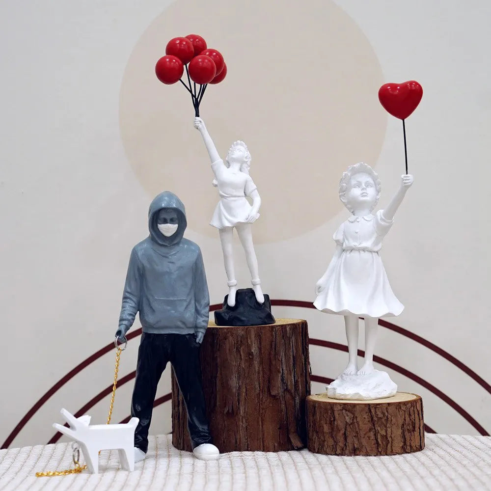 Floroux Banksy Sculpture Collection | Flower Thrower & Balloon Girl | Pop Art Figures | Modern Décor for Office and Home