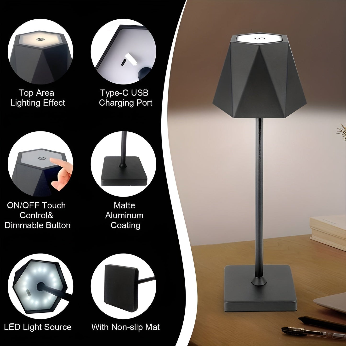 Lampe de table rétro élégante à LED - Sans fil et rechargeable