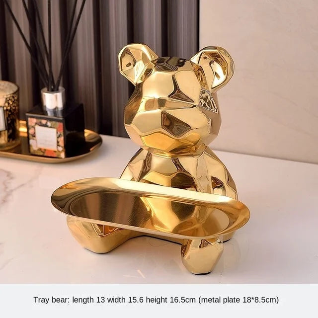 Floroux Ceramic Piggy Bank | Gold-Plated Bear Figurine with Compartment | Office Decoration and Organization