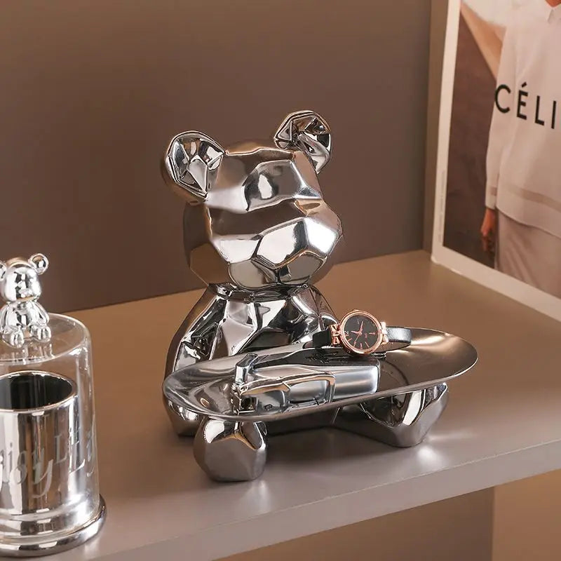 Floroux Ceramic Piggy Bank | Gold-Plated Bear Figurine with Compartment | Office Decoration and Organization
