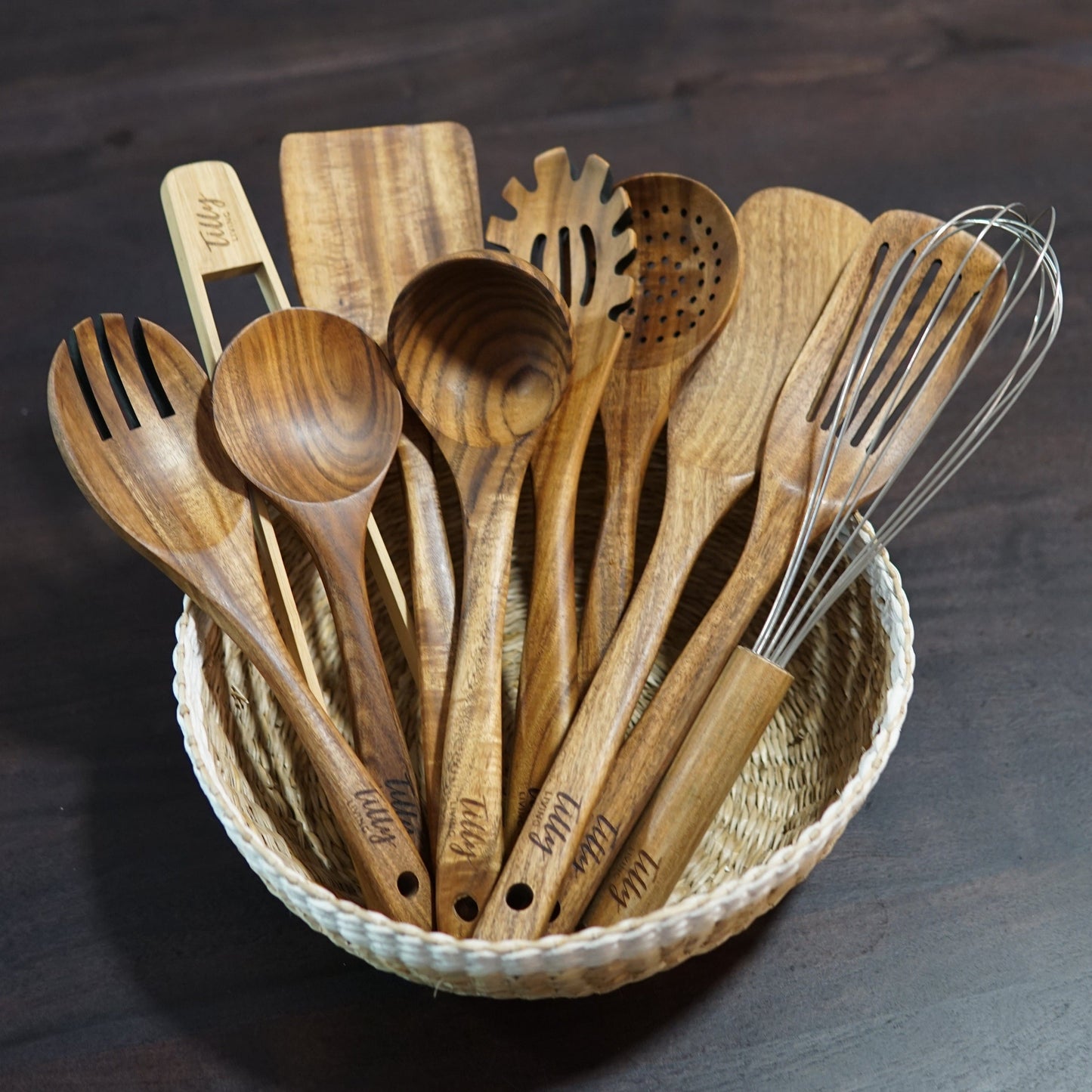 Udgita - Set d'ustensiles de cuisine de 10 pièces en bois de teck