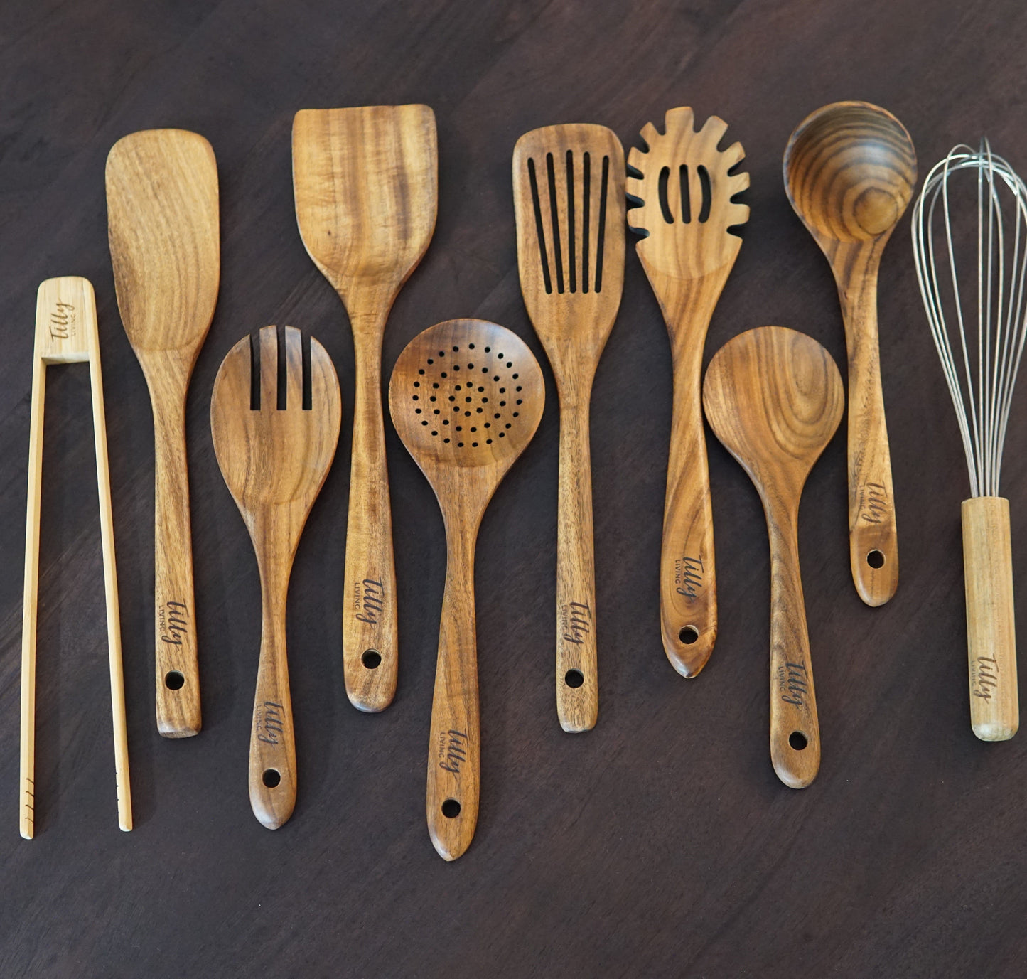 Udgita - Set d'ustensiles de cuisine de 10 pièces en bois de teck