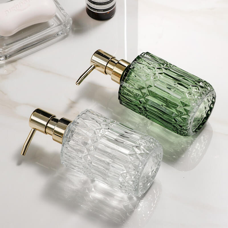 Floroux glass soap dispenser | Diamond pattern design | Stylish storage for soap | Modern bathroom decor