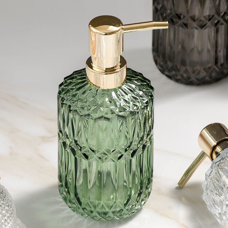 Floroux glass soap dispenser | Diamond pattern design | Stylish storage for soap | Modern bathroom decor