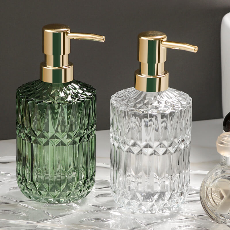 Floroux glass soap dispenser | Diamond pattern design | Stylish storage for soap | Modern bathroom decor