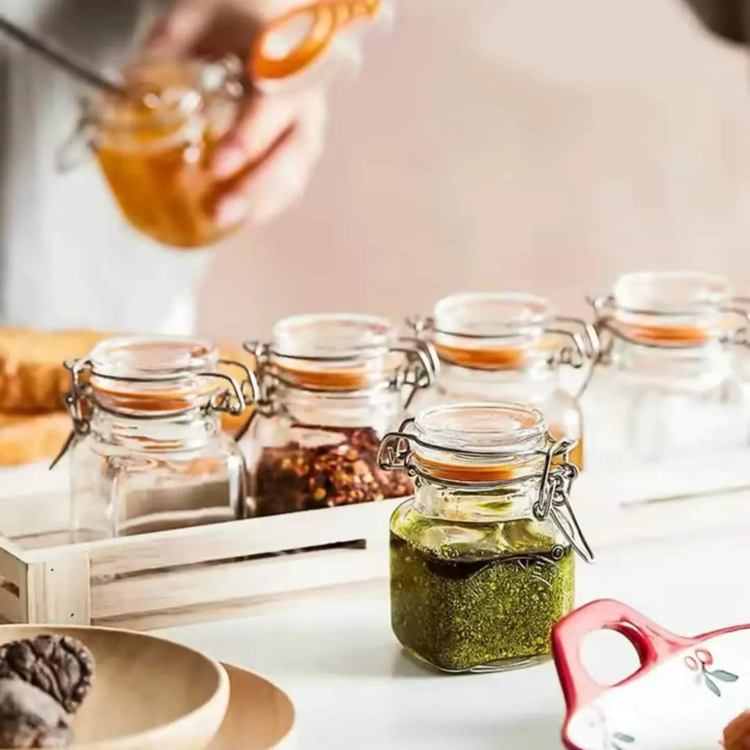 6pcs pots à épices en verre carré avec base en bois