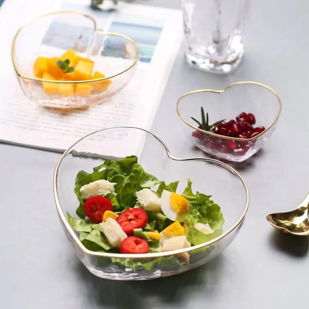 Bol à salade en verre avec bord doré en forme de cœur 3 pièces