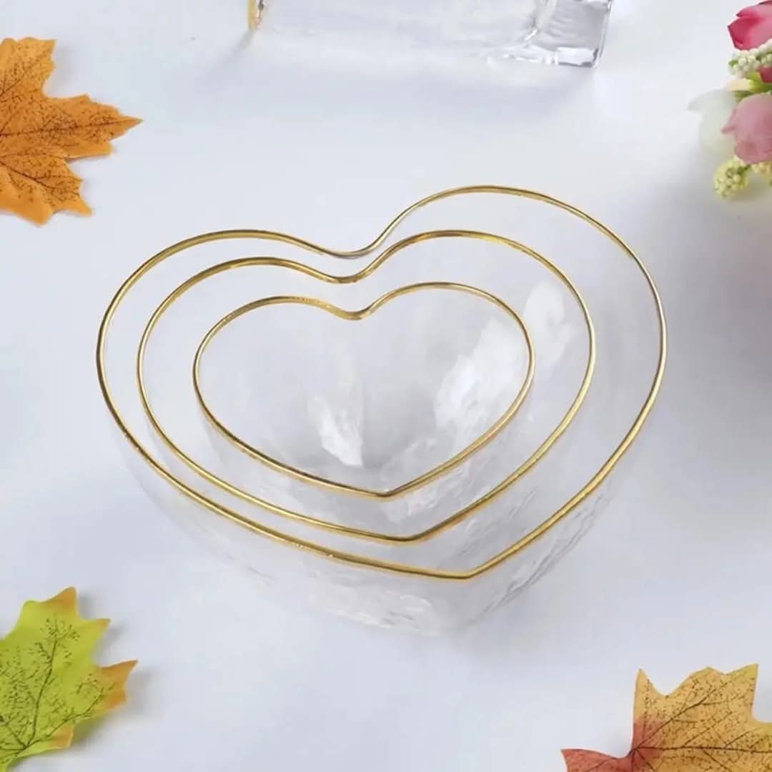 Bol à salade en verre avec bord doré en forme de cœur 3 pièces