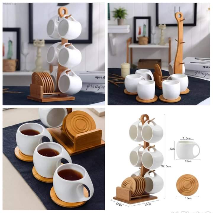 Ensemble de 6 tasses et support en bambou