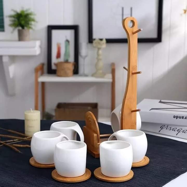 Ensemble de 6 tasses et support en bambou