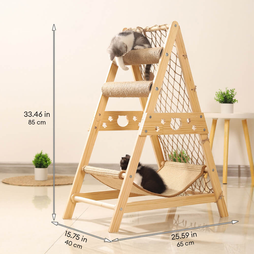 Arbre à chats en bois moderne, poteau à gratter drôle avec hamac et filet d'escalade