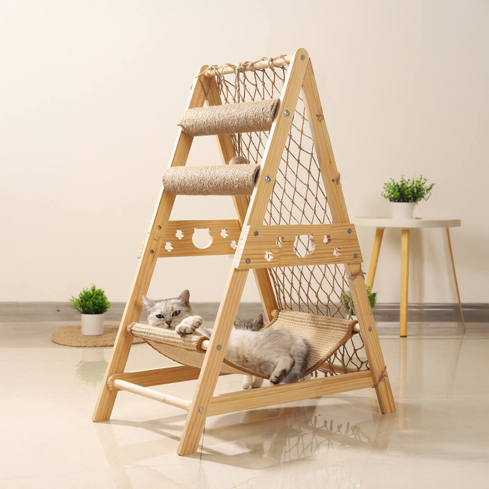 Arbre à chats en bois moderne, poteau à gratter drôle avec hamac et filet d'escalade